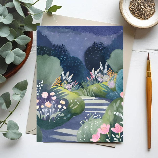 Midnight Garden | Akvarell Blommig Stig Vykort (Skapare uppladdad)