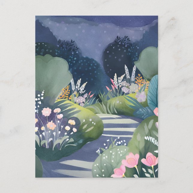 Midnight Garden | Akvarellblommig stig Vykort (Framsida)