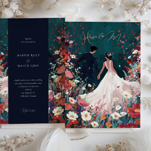 Midnight Garden - Chic Teal & Coral Bröllop Inbjudningar