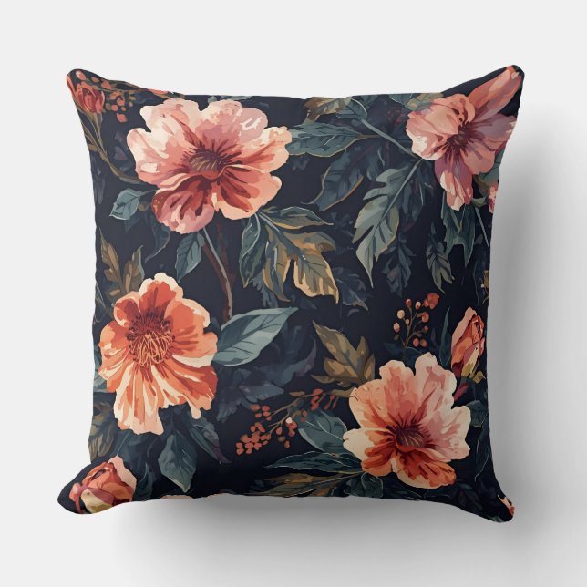 Midnight Garden Floral Coral and Navy Botanical Kudde (Framsida)