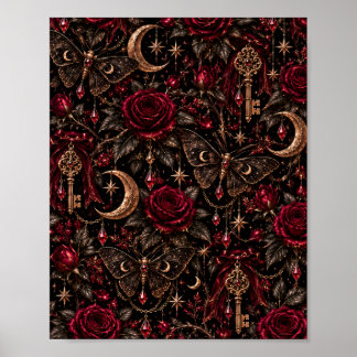 Midnight Garden | Gotiska rosor, himmelska nattfjä Poster