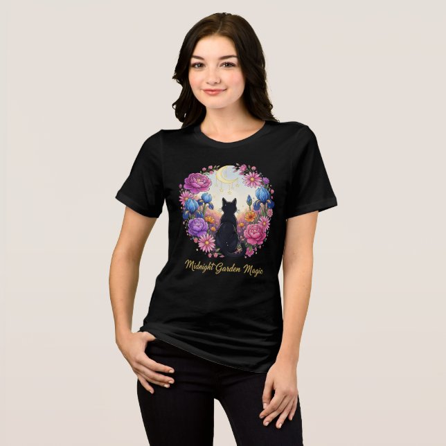 Midnight Garden Magic - Black Cat & Måne Blommigt T Shirt (Framsida Full)