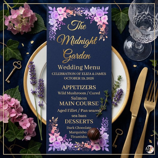 Midnight Garden Navyblå och Guld Script Bröllop Meny (Skapare uppladdad)