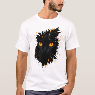 Midnight Gaze – Fiery-Eyed Black Cat Art T Shirt