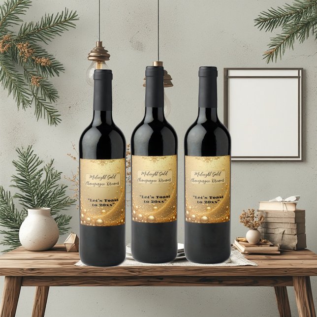 Midnight Gold Faux Champagne Dream Bubbly New Year Vinflaska Etikett (Midnight Gold Faux Champagne Dream Bubbly New Year Wine Label)