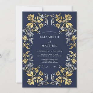 Midnight Gold Filigree Eucalyptus Bröllop Inbjudningar