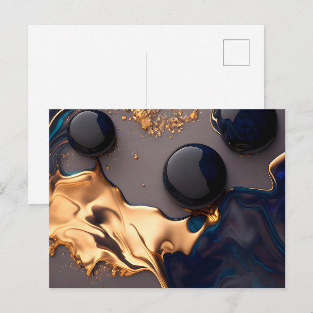 Midnight Gold Flytande Marmor Vykort (Fram/baksida)