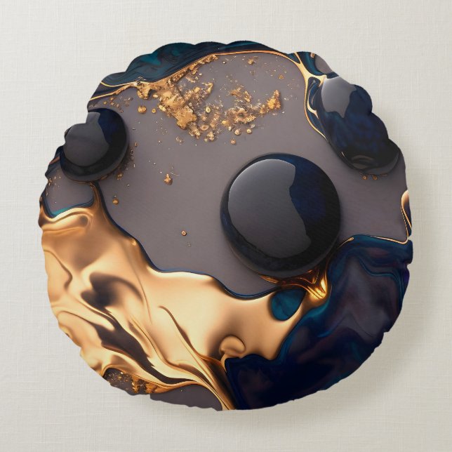 Midnight Gold Liquid Marble Rund Kudde (Framsidan)