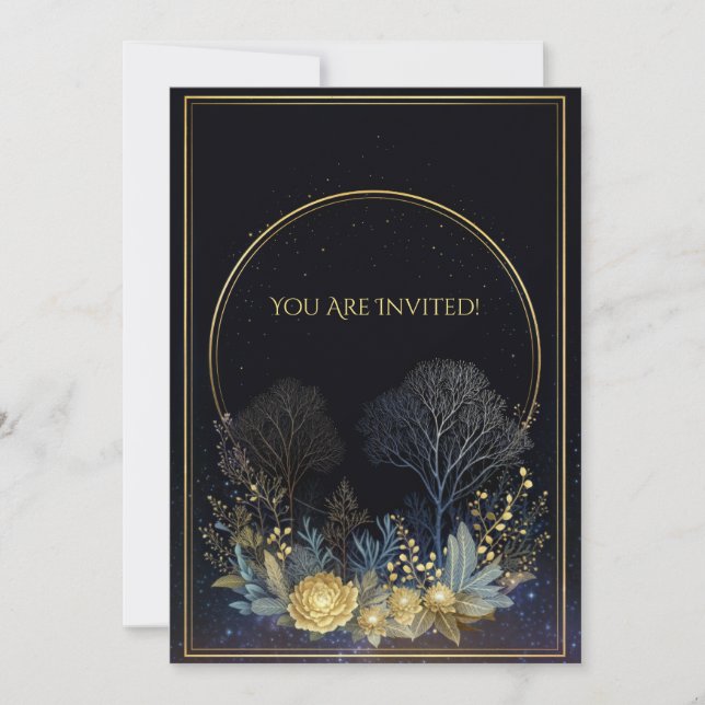 Midnight Gold Peony Celestial Botanical Halo blir Inbjudningar (Framsida)