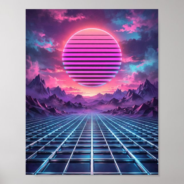 Midnight Grid — Vaporwave Solnedgång Poster (Framsidan)