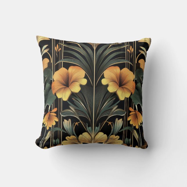 Midnight Guld Bloom Art Deco Kudde (Framsida)