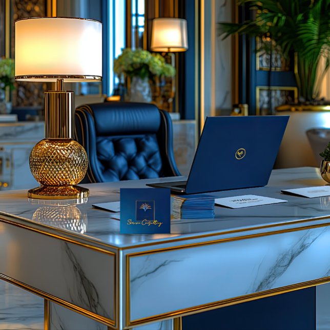 Midnight Handflatan Collection Luxury Navy Blue &  Fyrkantigt Visitkort (Stylish Navy Blue Midnight Palm QR Code Business Card )