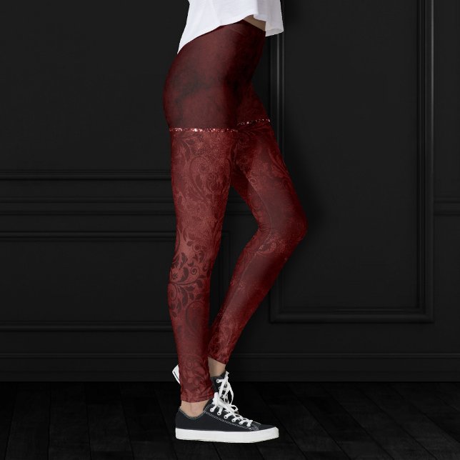Midnight Henna Romantik | Red Satiny Grunge Damask Leggings (Skapare uppladdad)