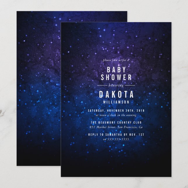 Midnight Himlar & Shining Stars | Galaxy Baby Show Inbjudningar (Fram/baksida)