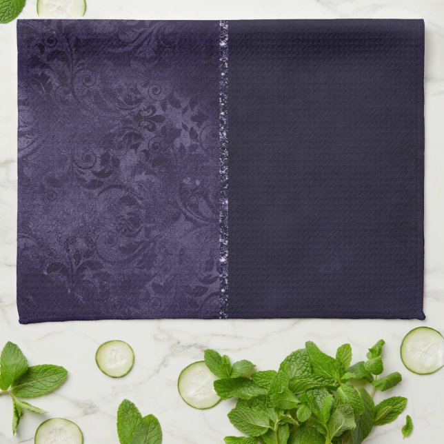 Midnight Indigo Romantik | Satiny Grunge Damask Kökshandduk (Vikta)