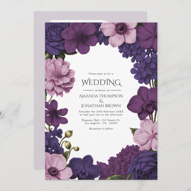Midnight Iris, Velvet Plum & Dusty Petal Wedding Inbjudningar (Fram/baksida)