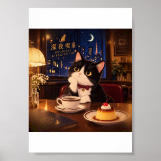 Midnight Kissaten Cat Poster | Japansk Retro Café