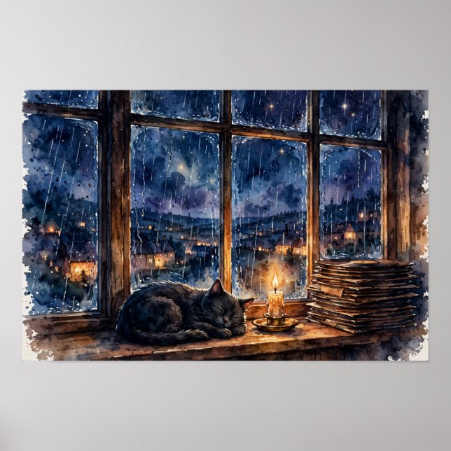 Midnight Lofi Katt Konsttryck — Mysig Katt Poster (Framsidan)