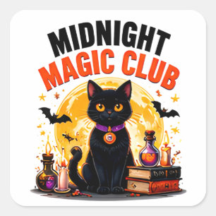 Midnight Magic Club Svart Katt Halloween Magi Fyrkantigt Klistermärke