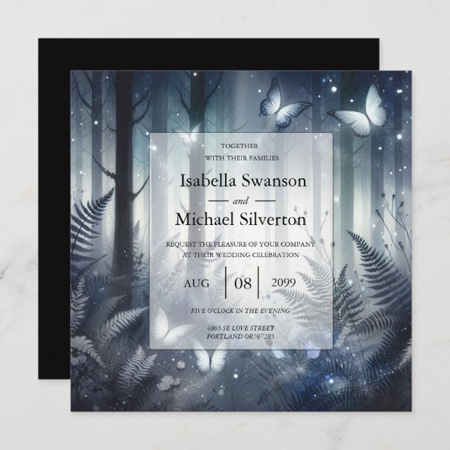 Midnight Magic och Moonlit Vingar Bröllop Inbjudningar (Fram/baksida)