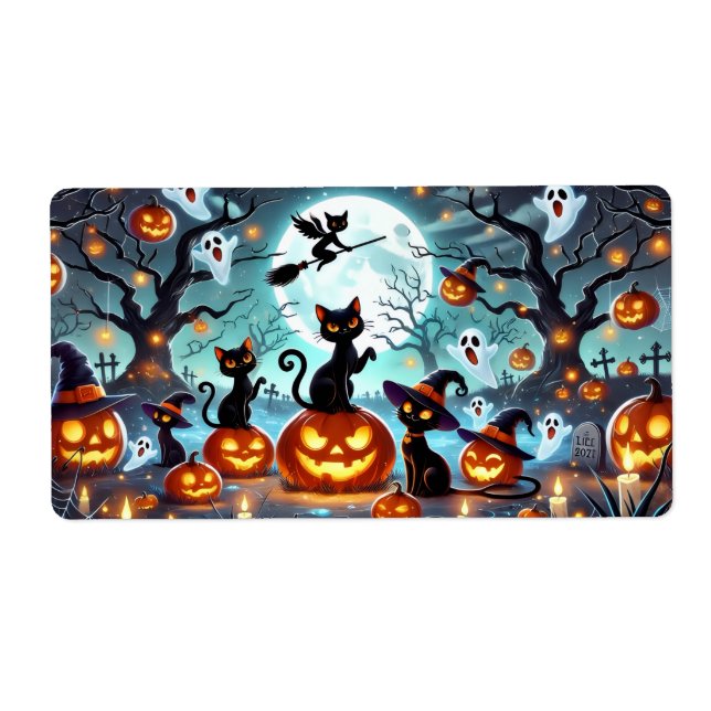 Midnight Magic: Svarta Katter & Pumpa Halloween  Fraktsedel (Framsidan)