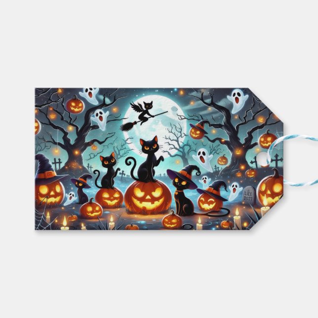 Midnight Magic: Svarta Katter & Pumpa Halloween  Presentetikett (Framsidan (Horisontell))
