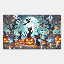 Midnight Magic: Svarta Katter & Pumpa Halloween Rektangulärt Klistermärke