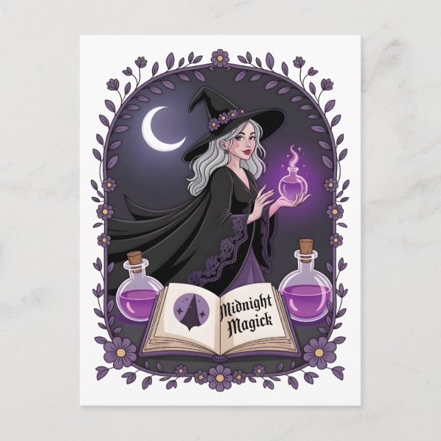 Midnight Magick Illustration of a Young Witch Vykort (Framsida)