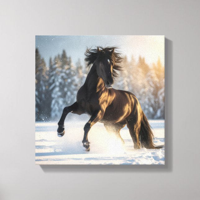 Midnight Majesty – Black Stallion in Winter Snow Canvastryck (Framsida)
