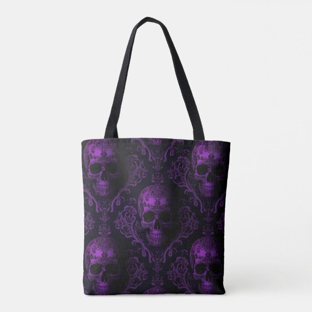 Midnight Majesty Gothic Skull Tote – Purple Baroqu Tygkasse (Baksida)