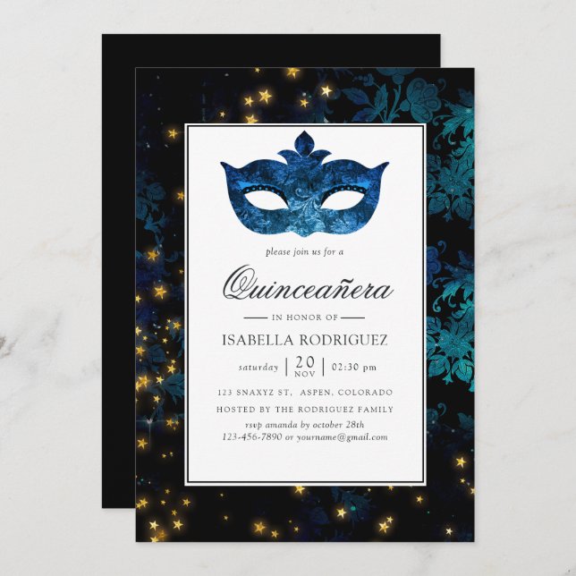 Midnight MasqueraDamask Quinceañera Inbjudningar (Fram/baksida)