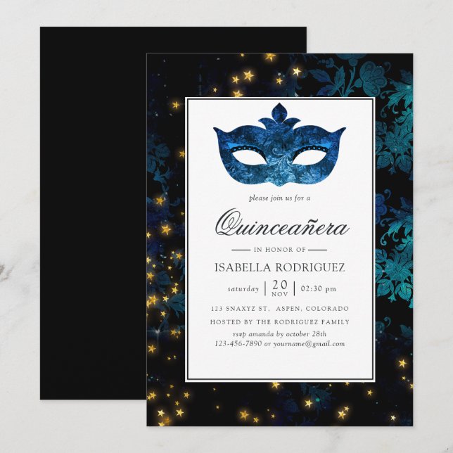Midnight Masquerade Damask Quinceañera Inbjudningar (Fram/baksida)