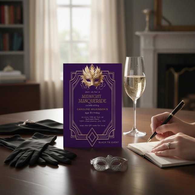 Midnight Masquerade Gold Feather Mask Purple Inbjudningar (Skapare uppladdad)