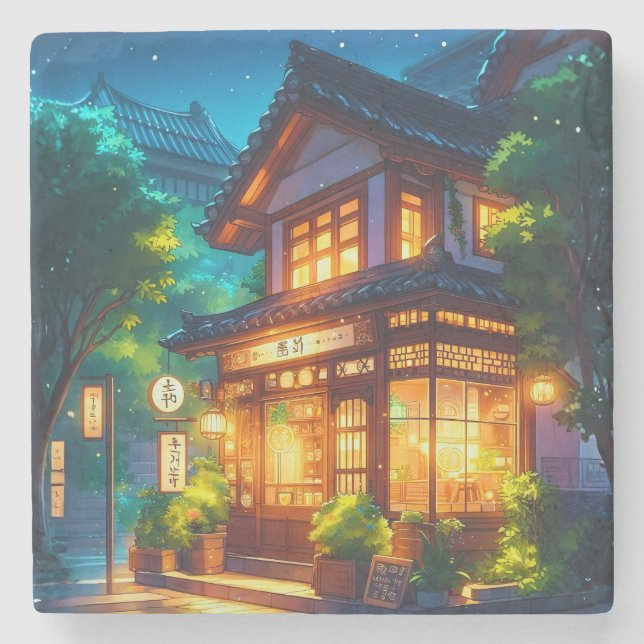 Midnight Matcha – Mysig japansk Lofi-café Stenunderlägg (Framsidan)