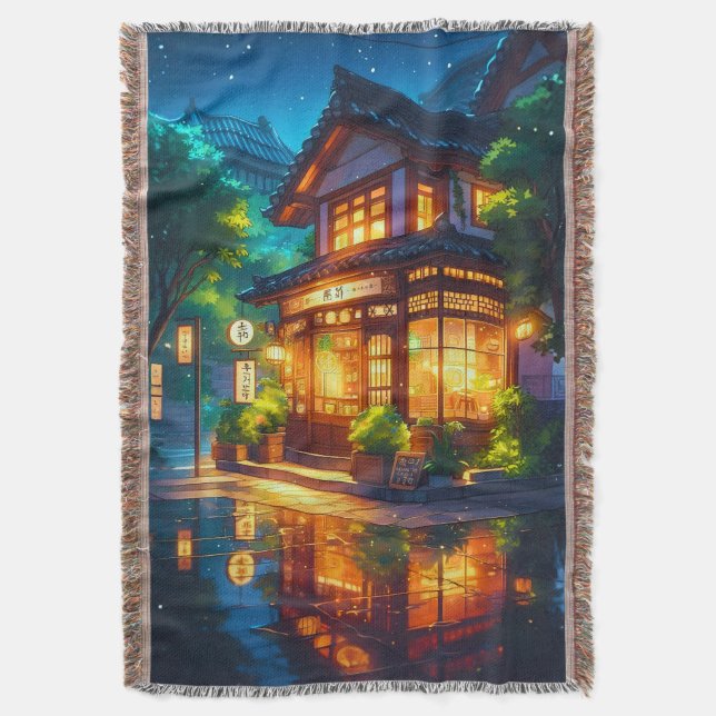 Midnight Matcha – Mysigt Japanskt Lofi-café Filt (Framsidan Vertikal)
