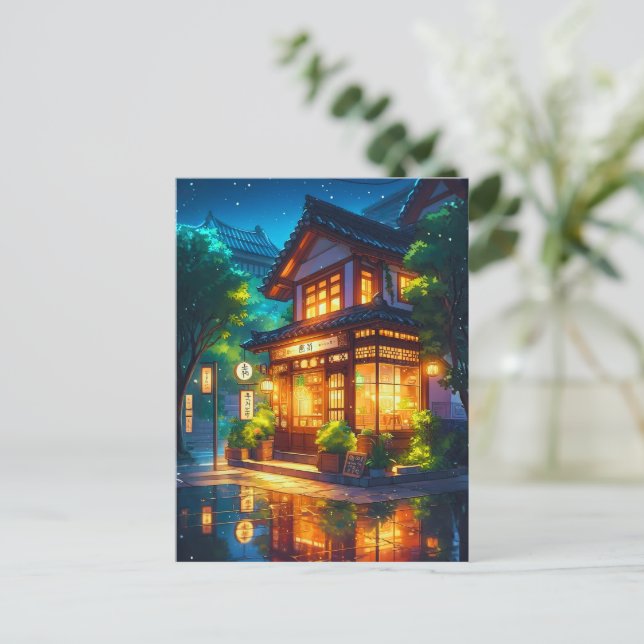 Midnight Matcha – Mysigt Japanskt Lofi-café Vykort (Stående Fram)