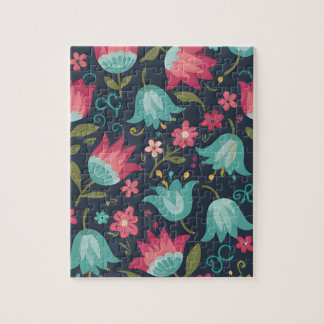 Midnight Meadow: Enchanting Folk-Art Tulip Pattern Pussel