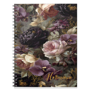 Midnight Mystique: Mörk lila och gul blomstermönst Anteckningsbok