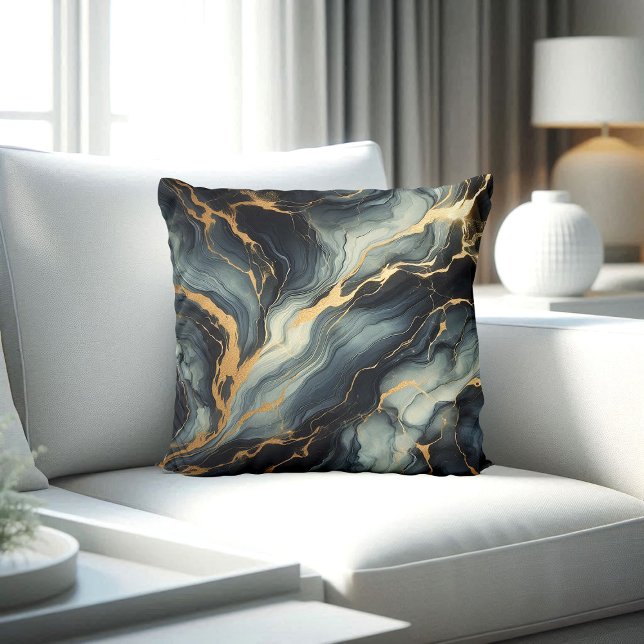 Midnight Navy and Gold Marble Artistic Pattern Kudde (Skapare uppladdad)