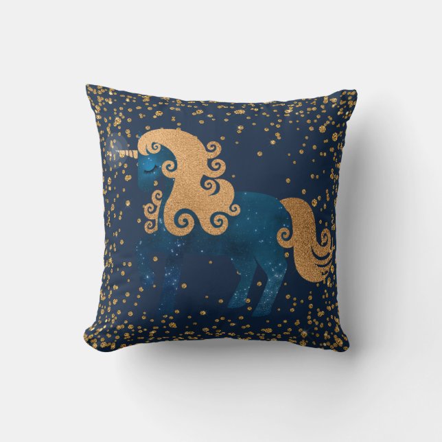 Midnight Navy Blue och Guld Unicorn med Confetti Kudde (Framsida)