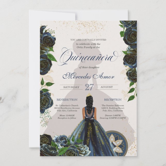 Midnight Navy Blue Ro Finare Charro Quinceanera Inbjudningar (Framsida)