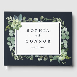 Midnight Navy Blue Succulent Bröllop Gästböcker