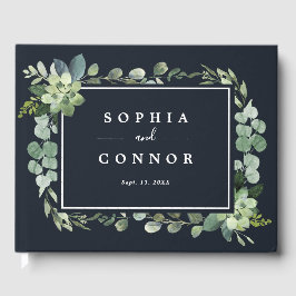 Midnight Navy Blue Succulent Bröllop Gästböcker