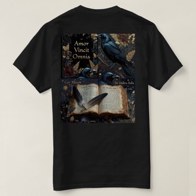 midnight-navy design with ravens perched  t shirt (Design baksida)