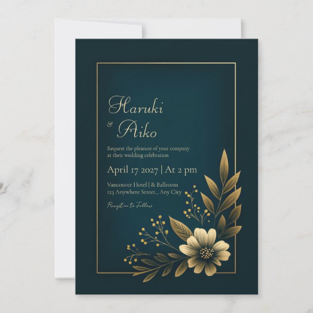 Midnight Navy Gold Botanical Wedding Inbjudningar (Framsida)