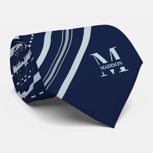 Midnight Navy & Grå Rand med Monogram & Namn Slips (Rullad)