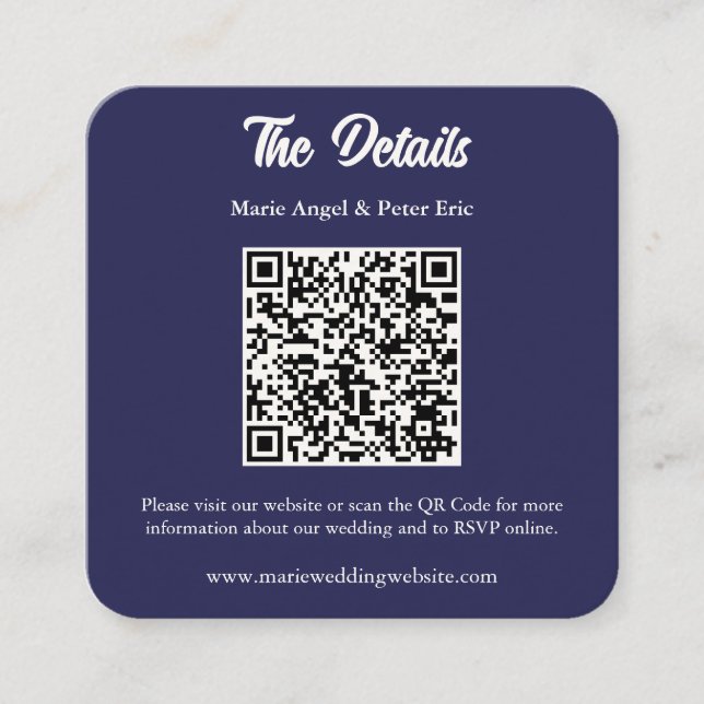 Midnight Navy Monogram QR-kod Bröllopsdetaljer  Fyrkantigt Visitkort (Framsida)