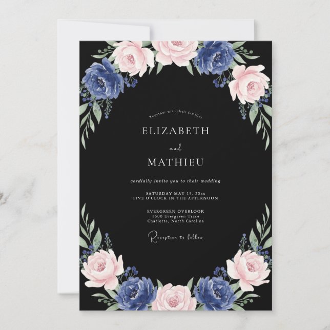Midnight Navy Peony Bröllop Inbjudningar (Framsida)