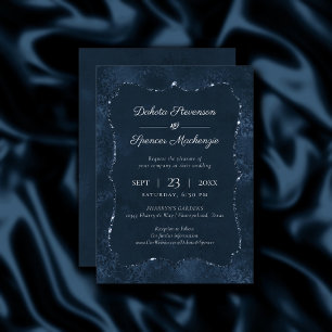 Midnight Navy Romantik Blue Satiny Grunge Damask Inbjudningar