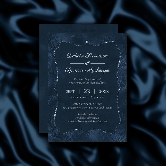 Midnight Navy Romantik | Blue Satiny Grunge Damask Inbjudningar (Skapare uppladdad)